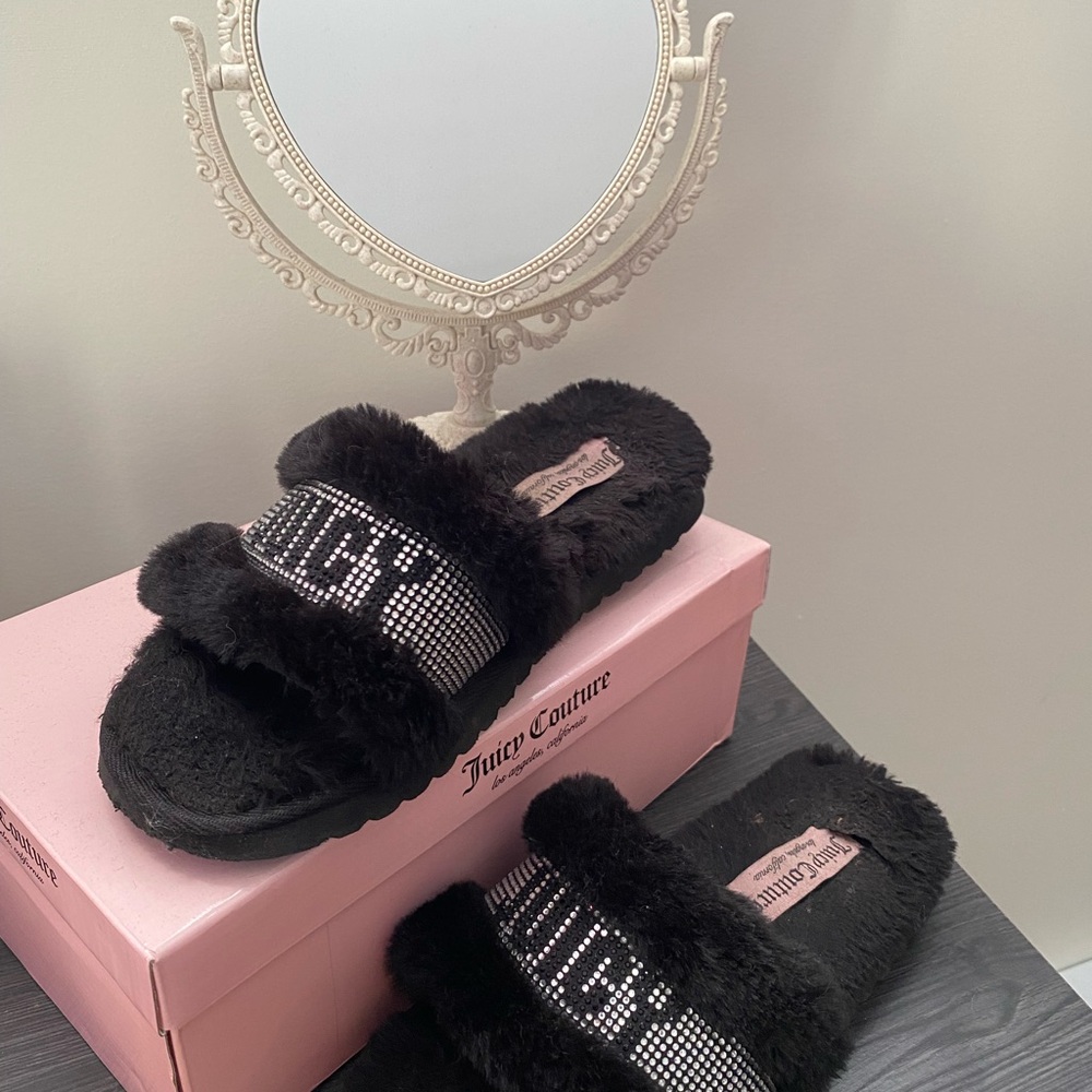 Juicy Couture Black Furry Slippers